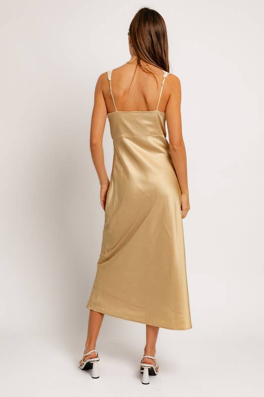 Sleeveless Deep Neck Lace Trim Detail Satin Dress