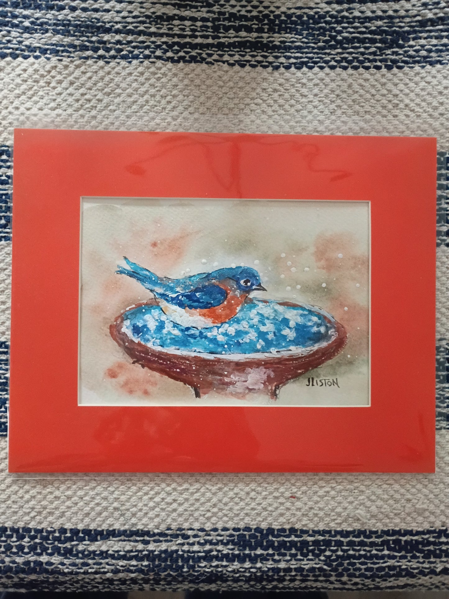 Bird in Bird Bath - Matted Watercolor