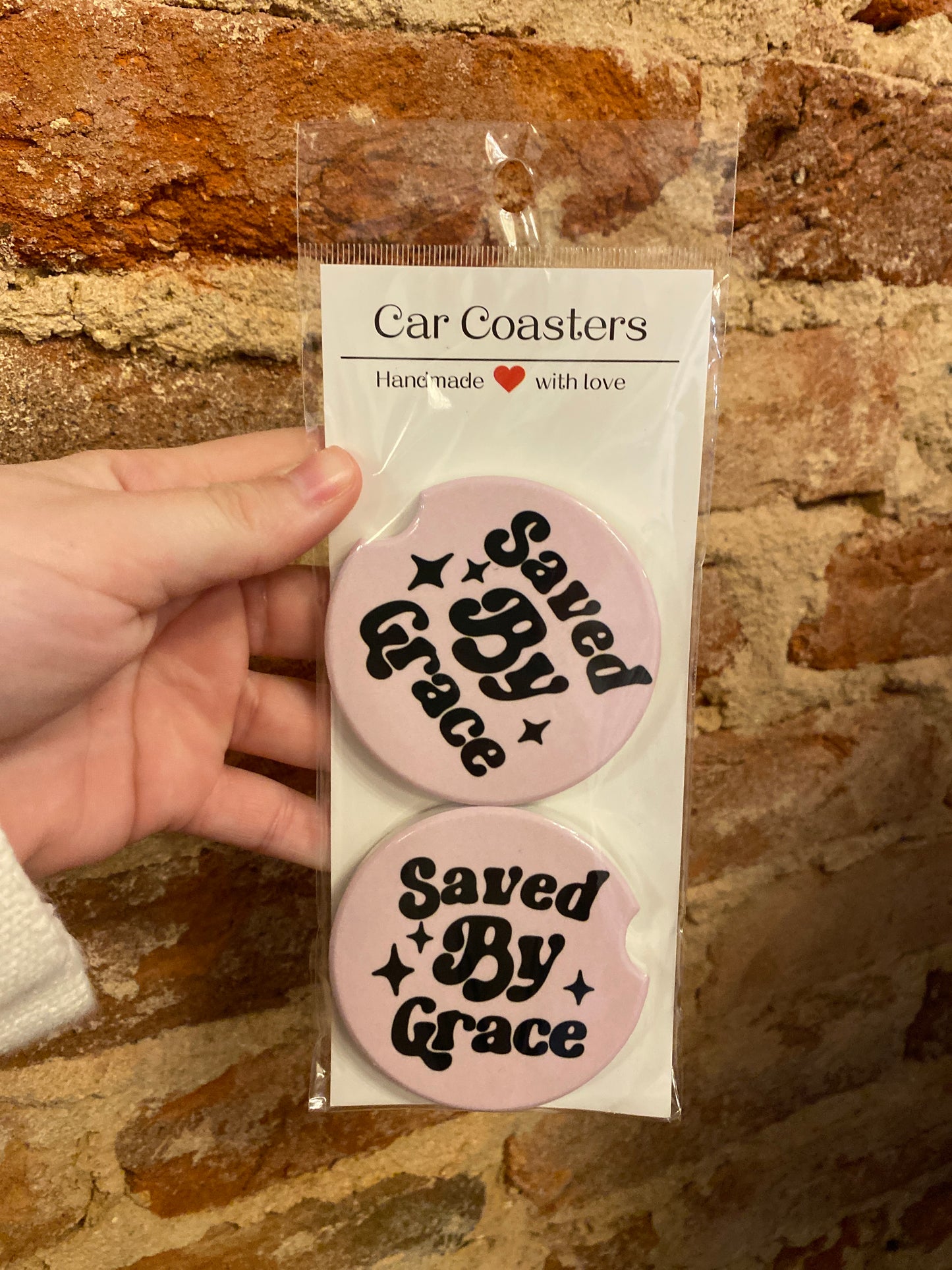 Saved By Grace Car Coasters – Retro Faith Design in Soft Pink