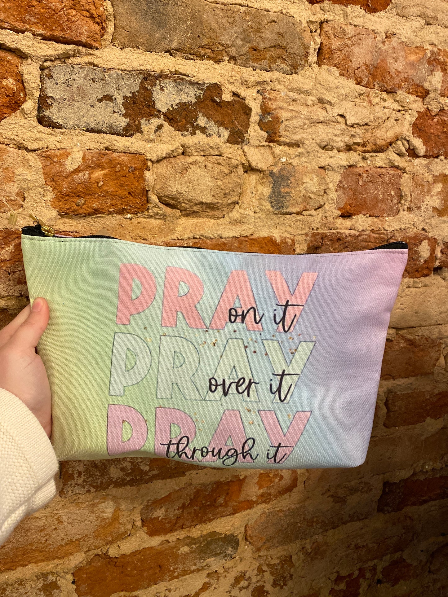 Pastel "Pray On It, Over It, Through It" Cosmetic Bag | Inspirational Zipper Pouch for Faith Filled Organization