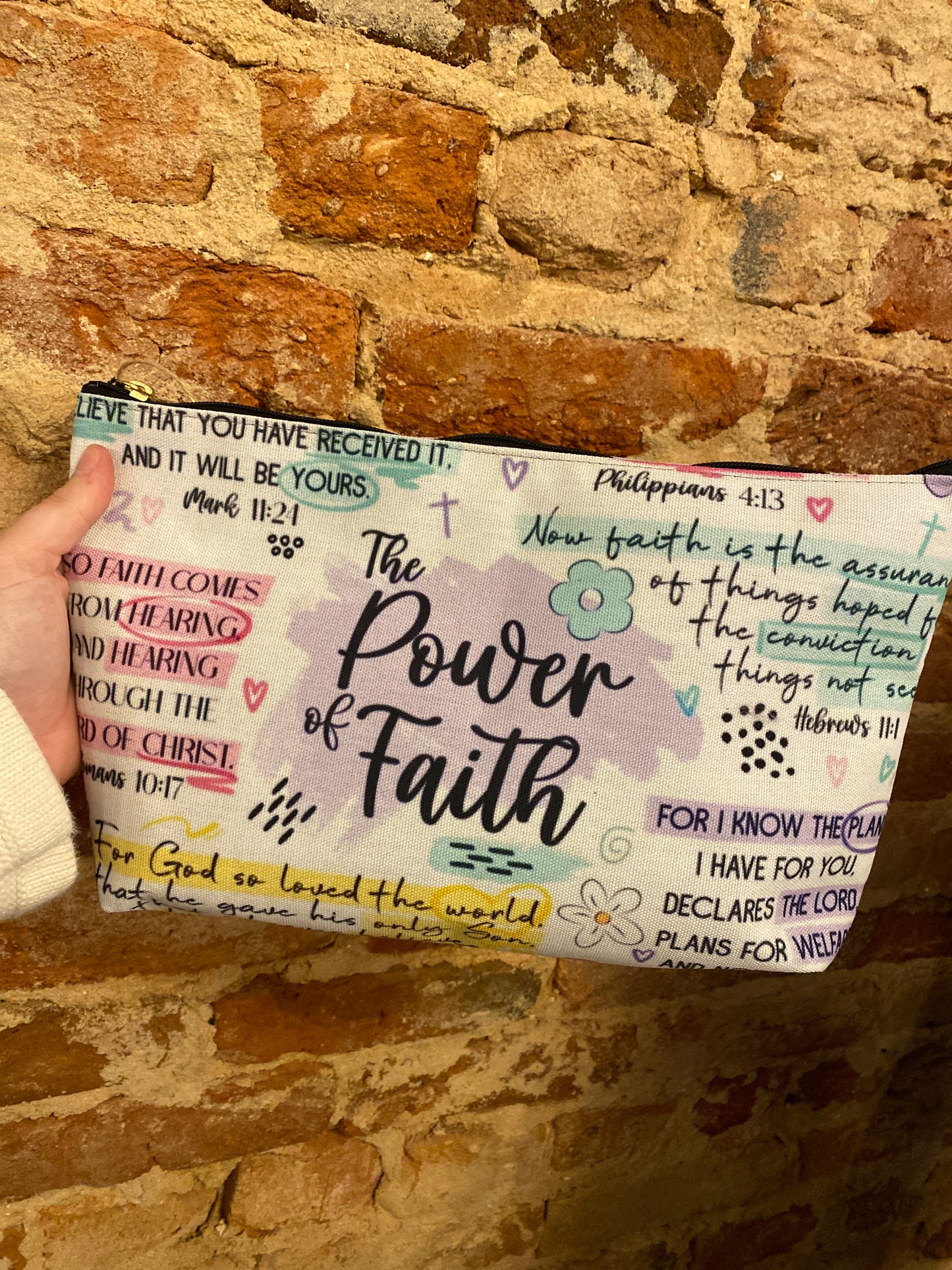 Power of Faith Bible Verse Cosmetic Bag | Pastel Christian Zipper Pouch with Scripture & Butterflies