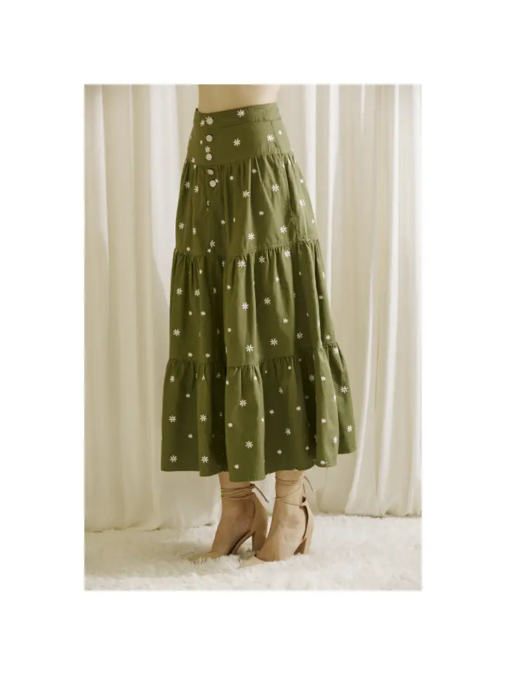 Embroidered Daisies Maxi Skirt