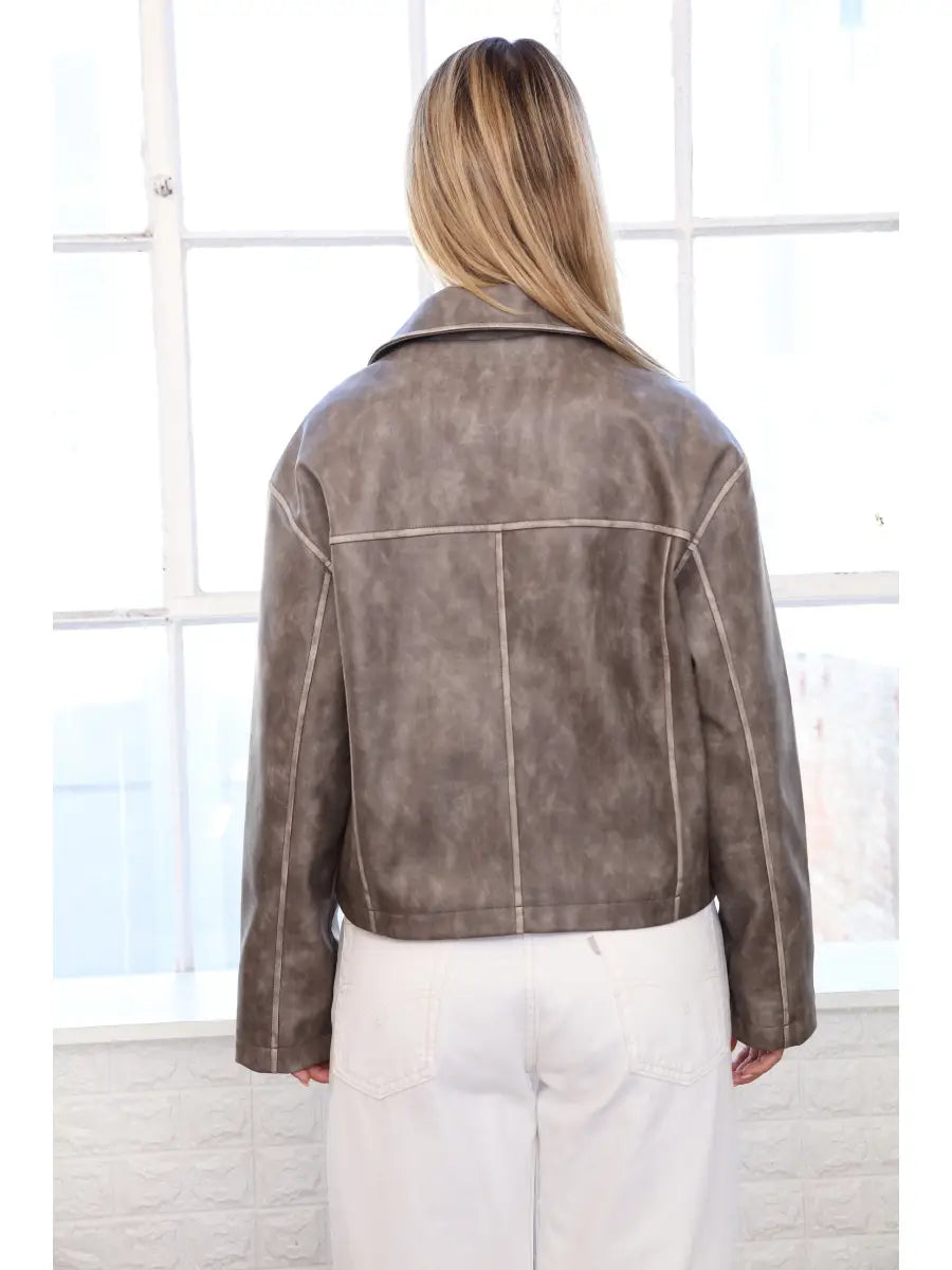 2 Tone Washed Faux Leather Zip Front Barn Jacket