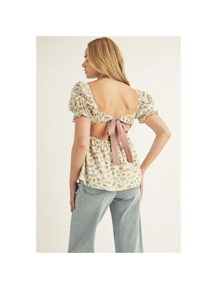 Floral Print Ribbon Tie Baby Doll Top