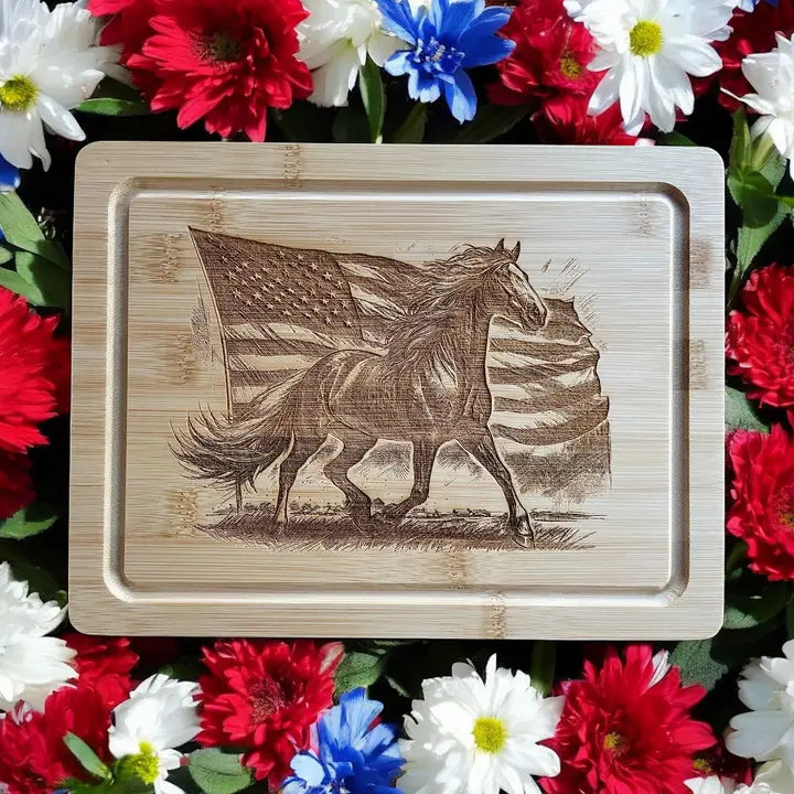Horse and American Flag Bamboo Cutting Board