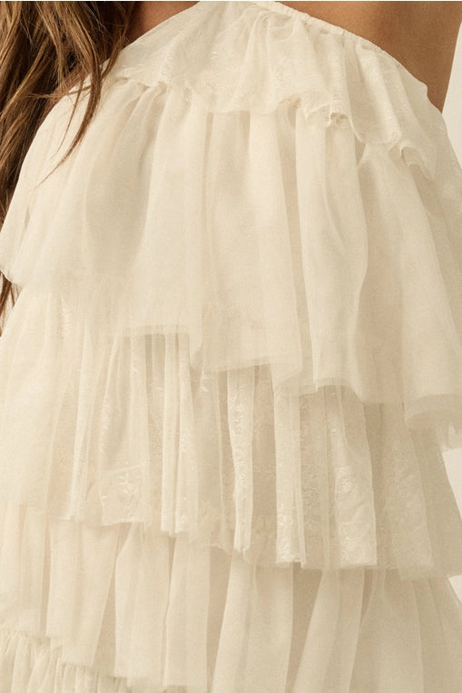 Floral Lace and Tulle Tiered Ruffle Halter Mini Dress