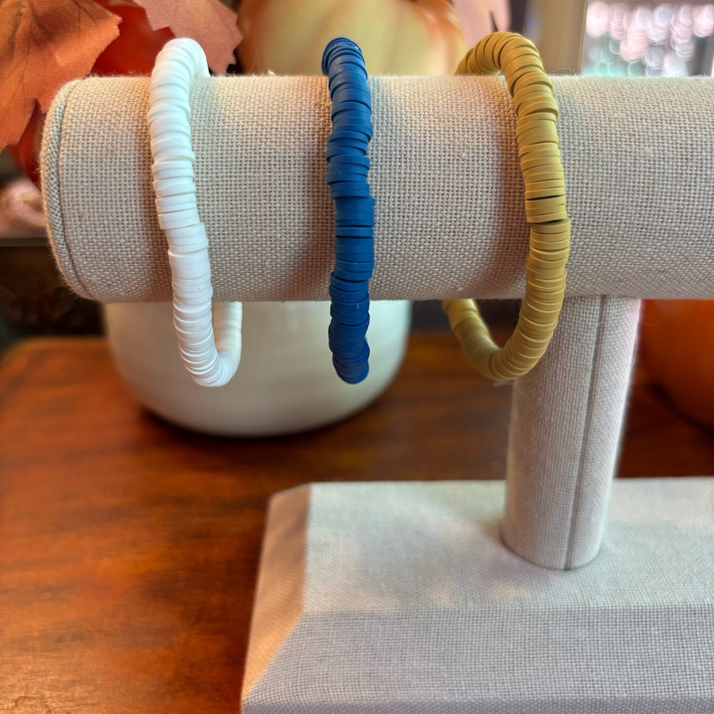 Blue, Gold, White Clay Beaded Bracelet Stack