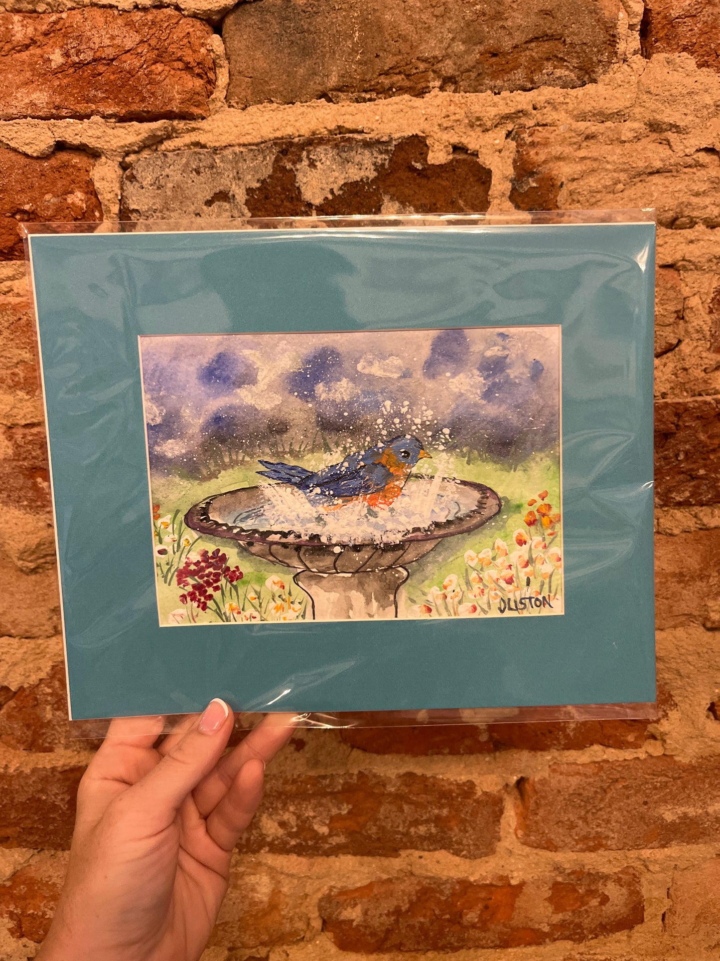 Horizontal Bird in Bird Bath - Blue Matted