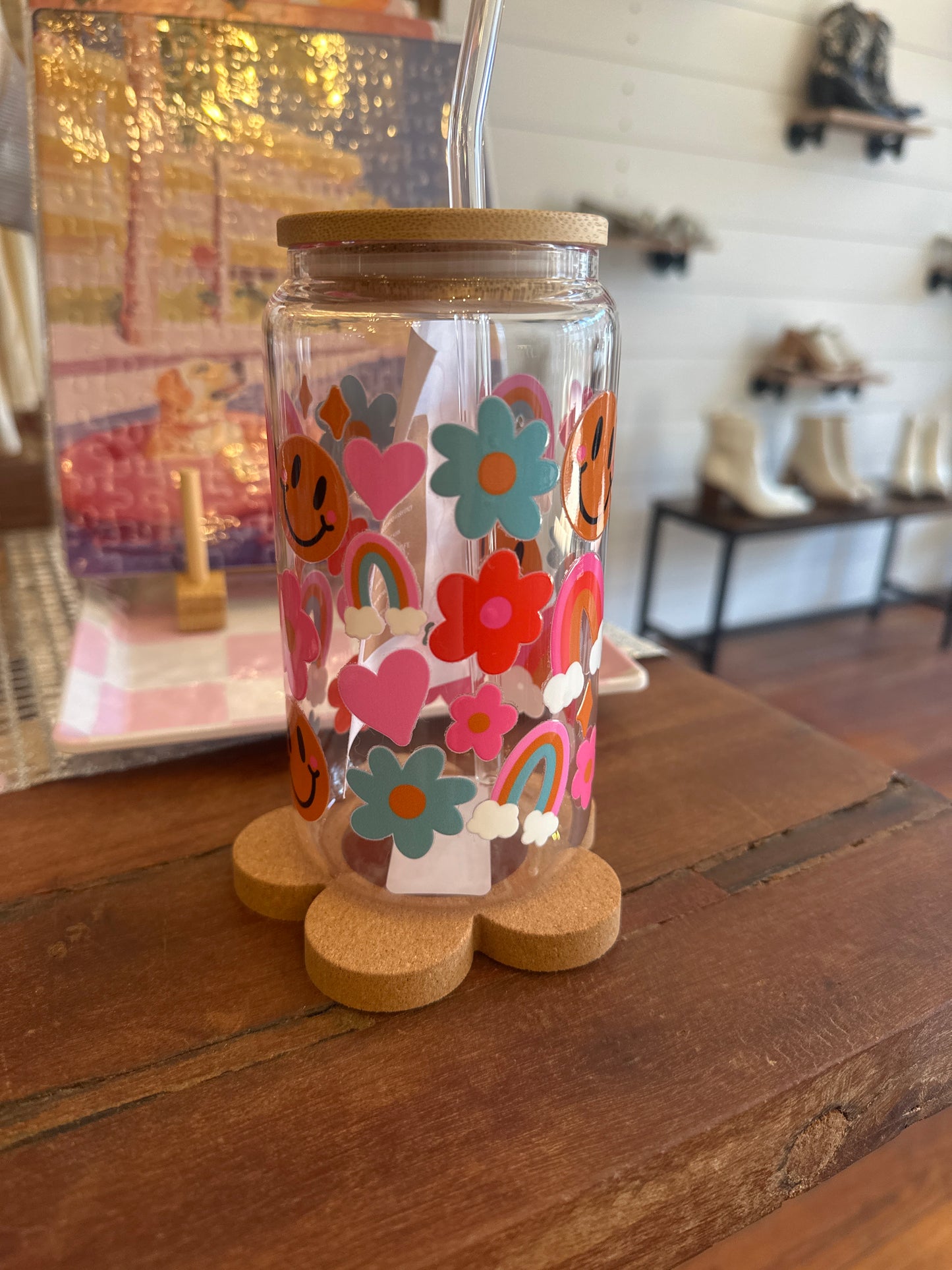 Happy Doodles & Flowers Glass Cup