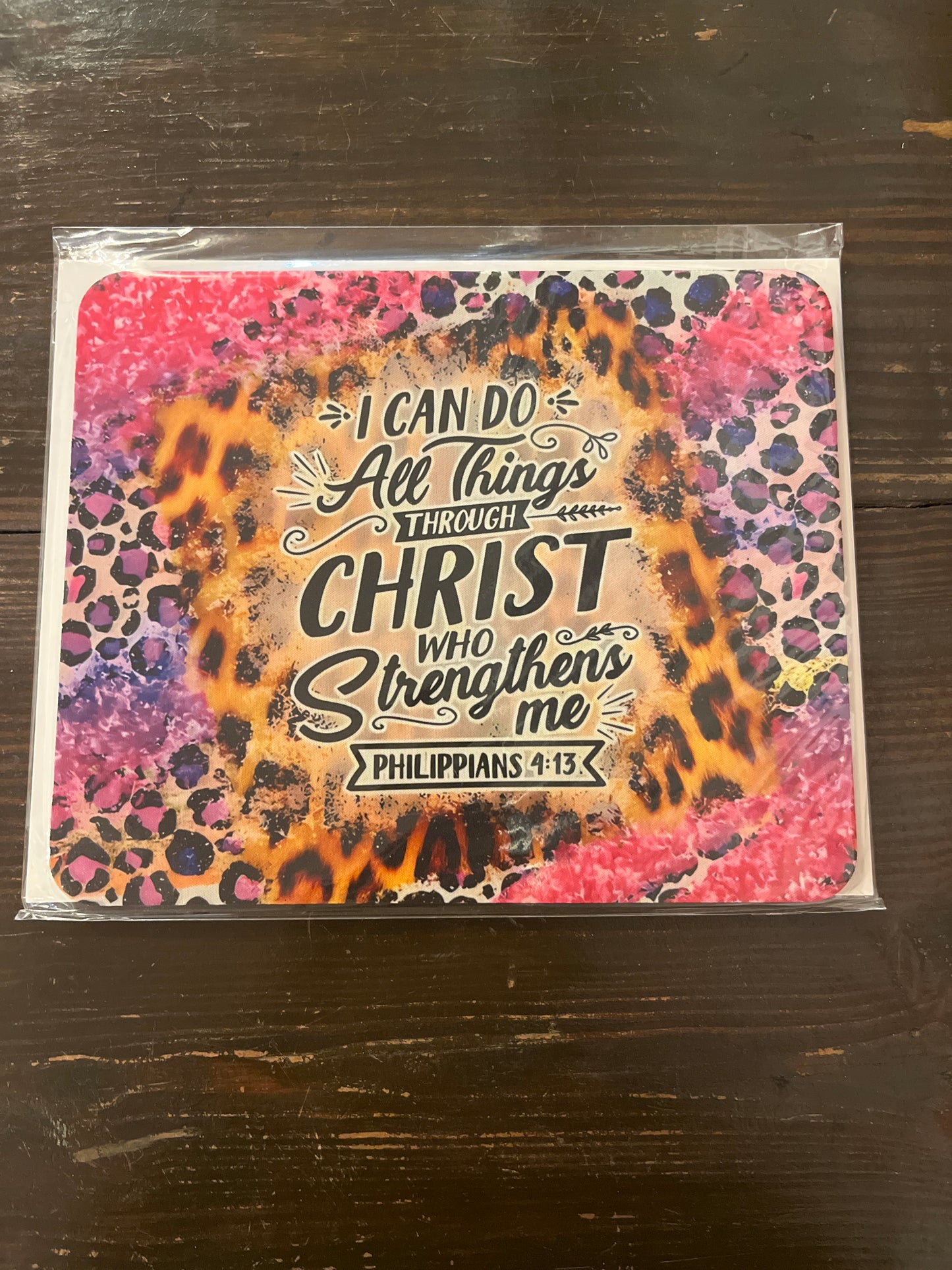 Philippians 4:13 Mouse Pad – Leopard Print Scripture Design with Vibrant Colors