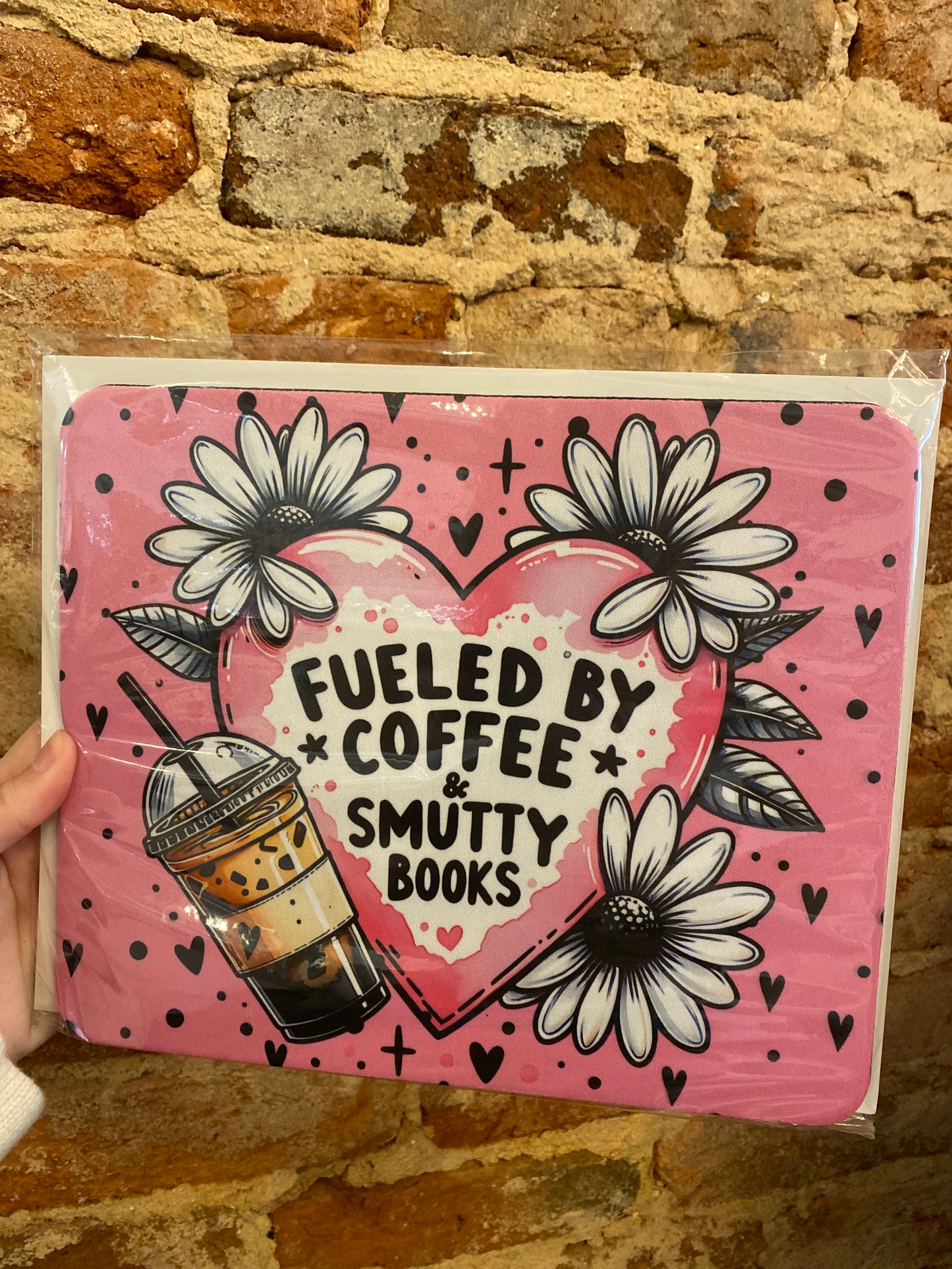 Fueled by Coffee & Smutty Books Mouse Pad – Pink Bookish Desk Mat with Flowers, Iced Latte