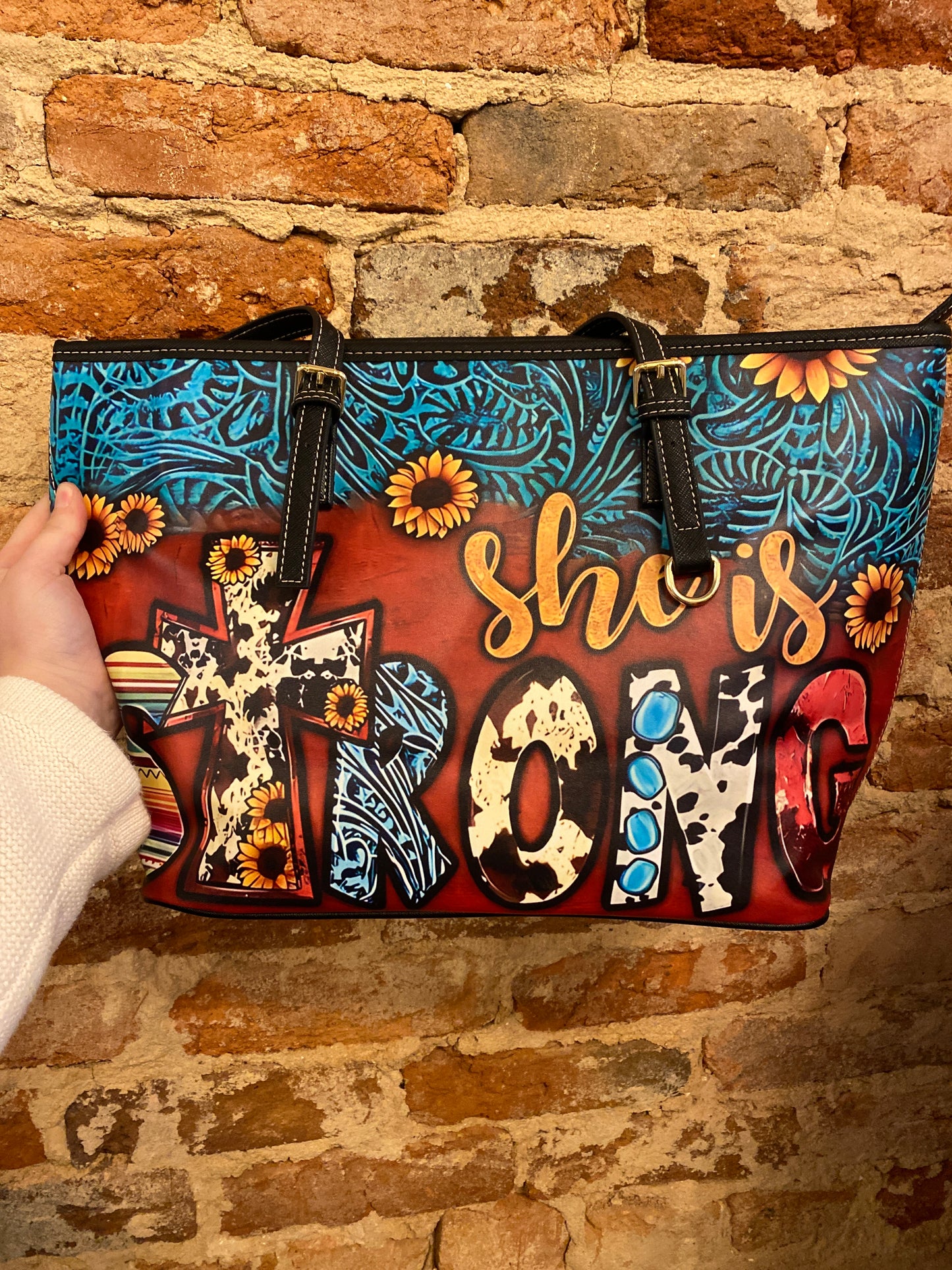 She is Strong | Western PU Leather Shoulder Bag | Cowprint Sunflowers and Faith Inspired Style