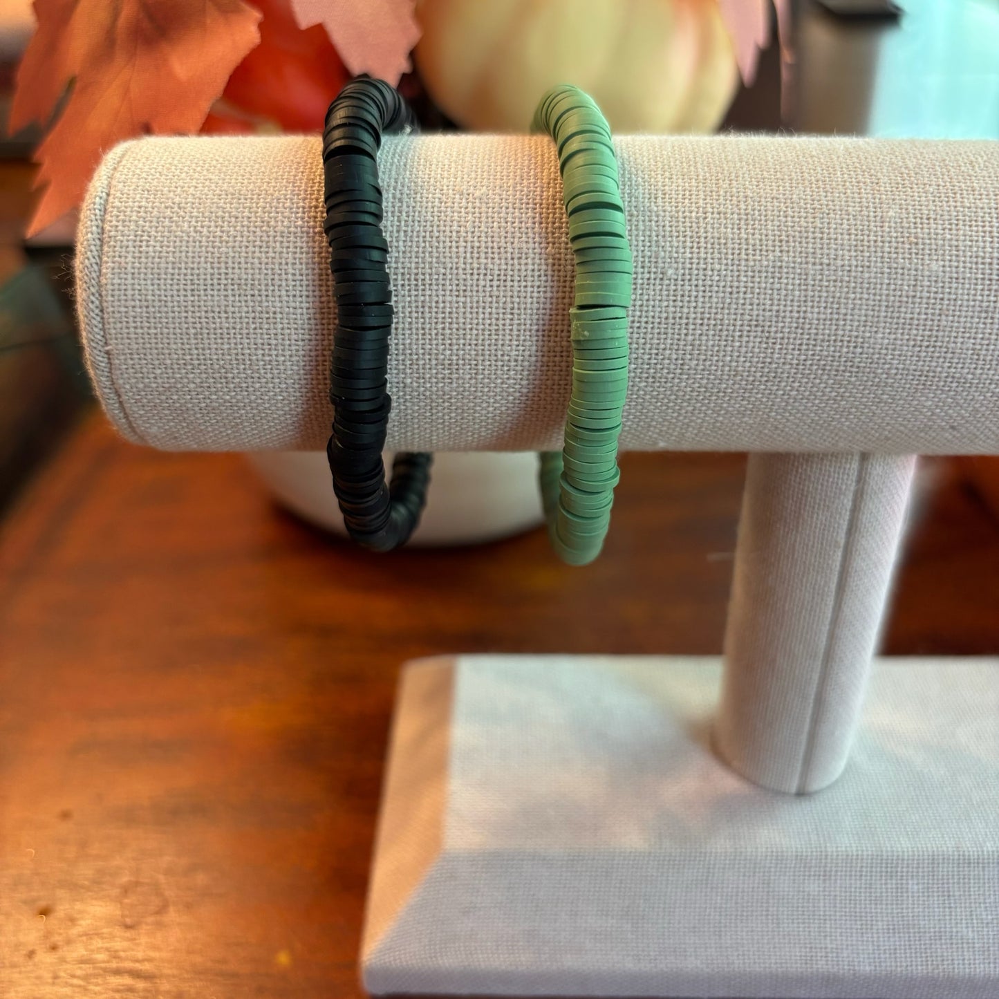 Green and Black Clay Beaded Bracelet Stack