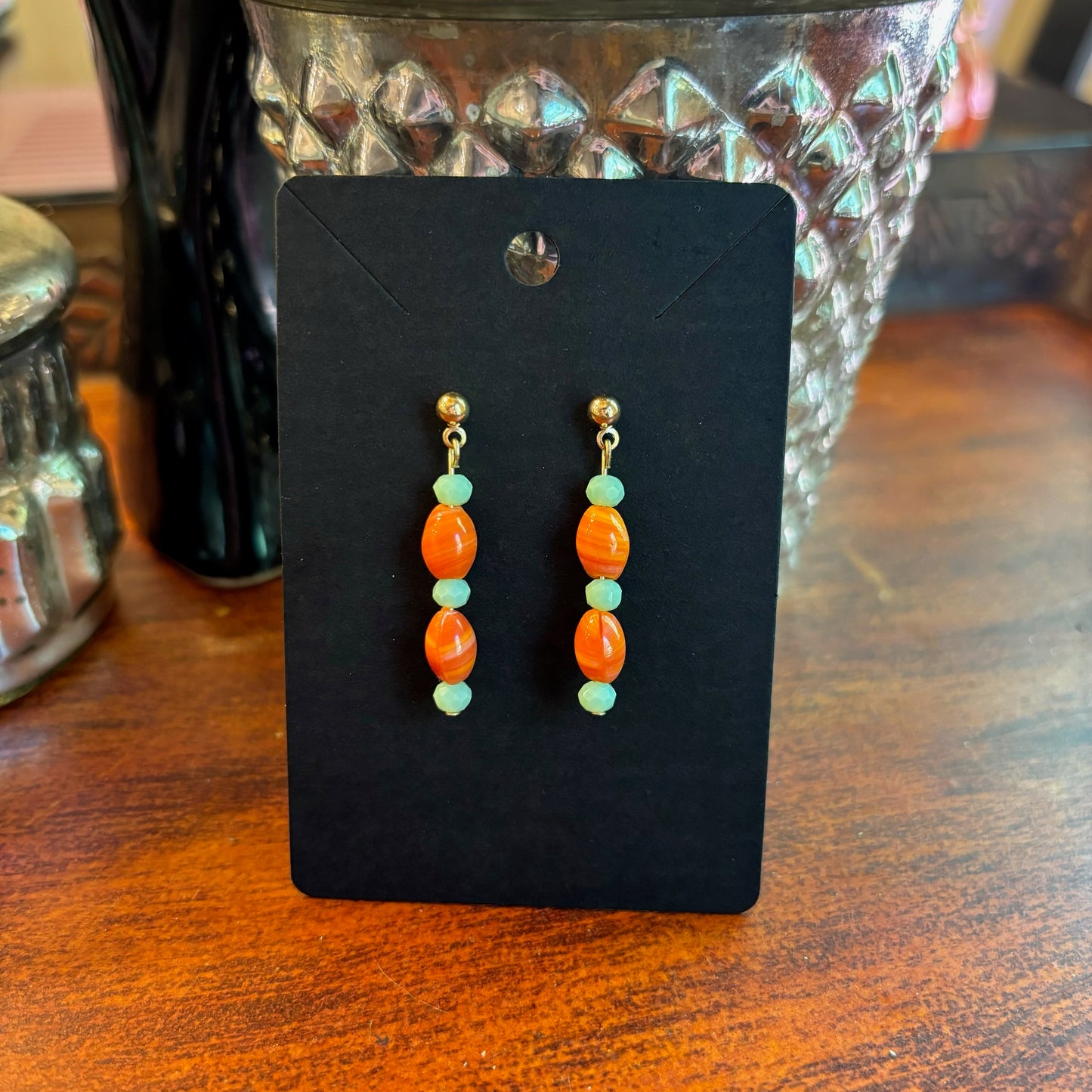 Showgirl Inspired Earrings - Small Orange and Teal Glass Beads