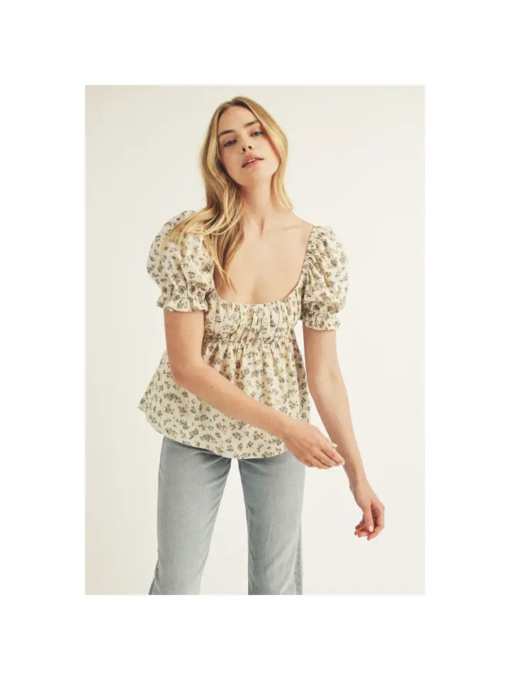 Floral Print Ribbon Tie Baby Doll Top