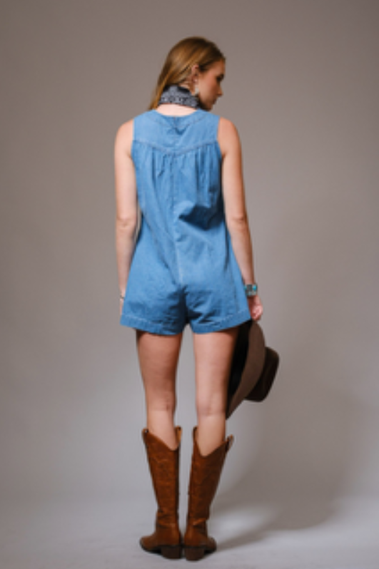 Embroidered Denim Romper