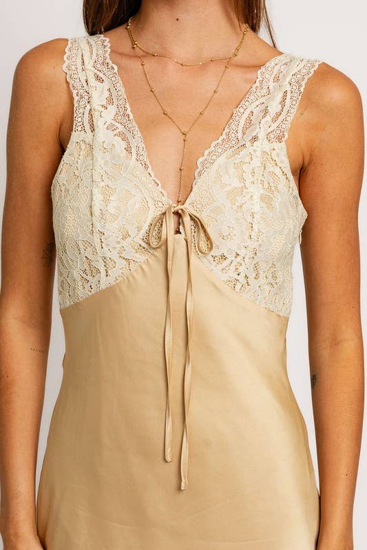 Sleeveless Deep Neck Lace Trim Detail Satin Dress