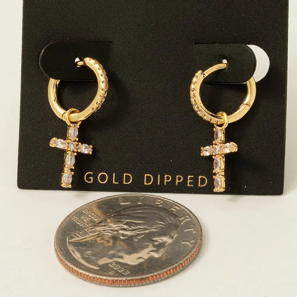 Gold Dipped Cz Baguette Cross Charm Hoop Earrings