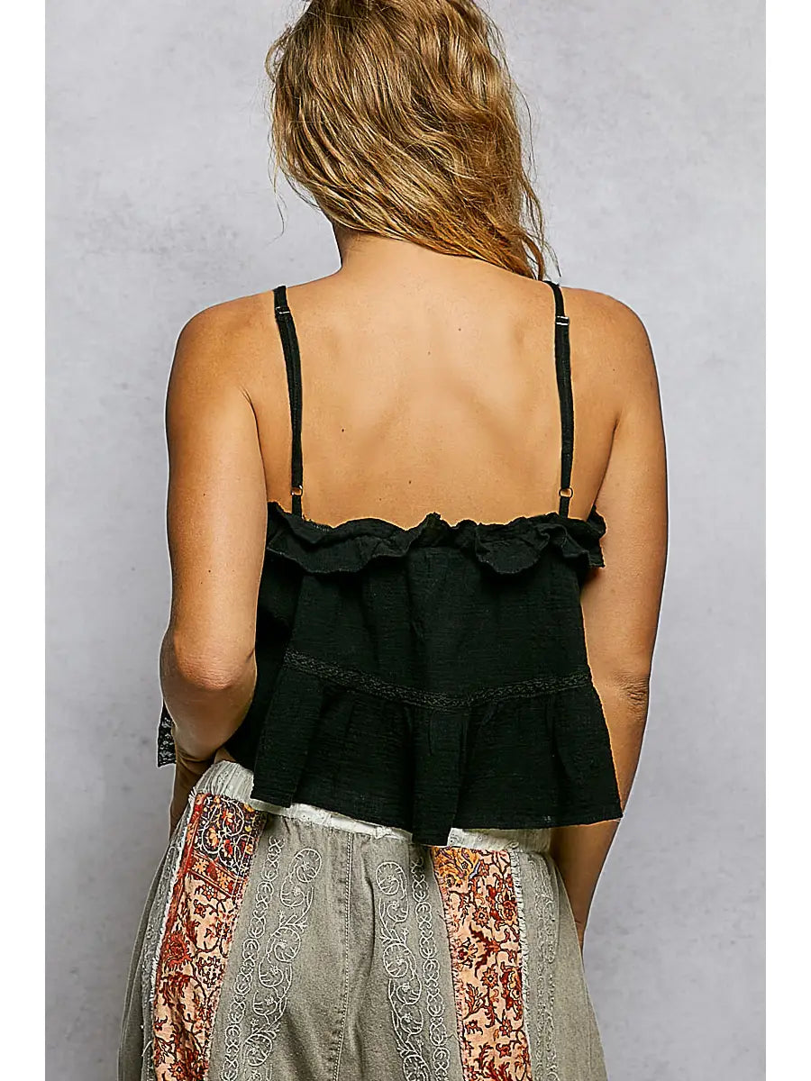 Airy Gauze Adjustable Strap Lace Ruffle Sleeveless Top