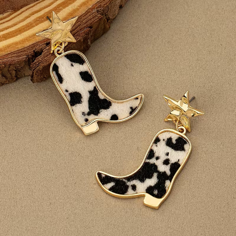 Western Cow Print Boot Earrings