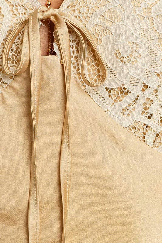 Sleeveless Deep Neck Lace Trim Detail Satin Dress