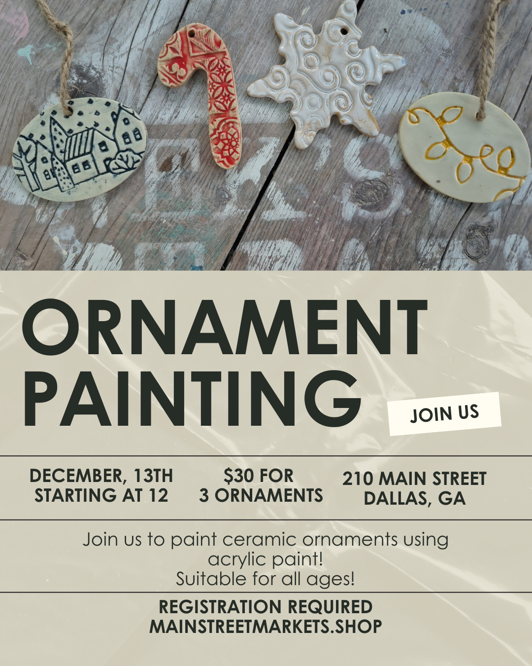 12/13/25 - Pottery Ornament Acrylic Paint Workshop - Dallas, Ga