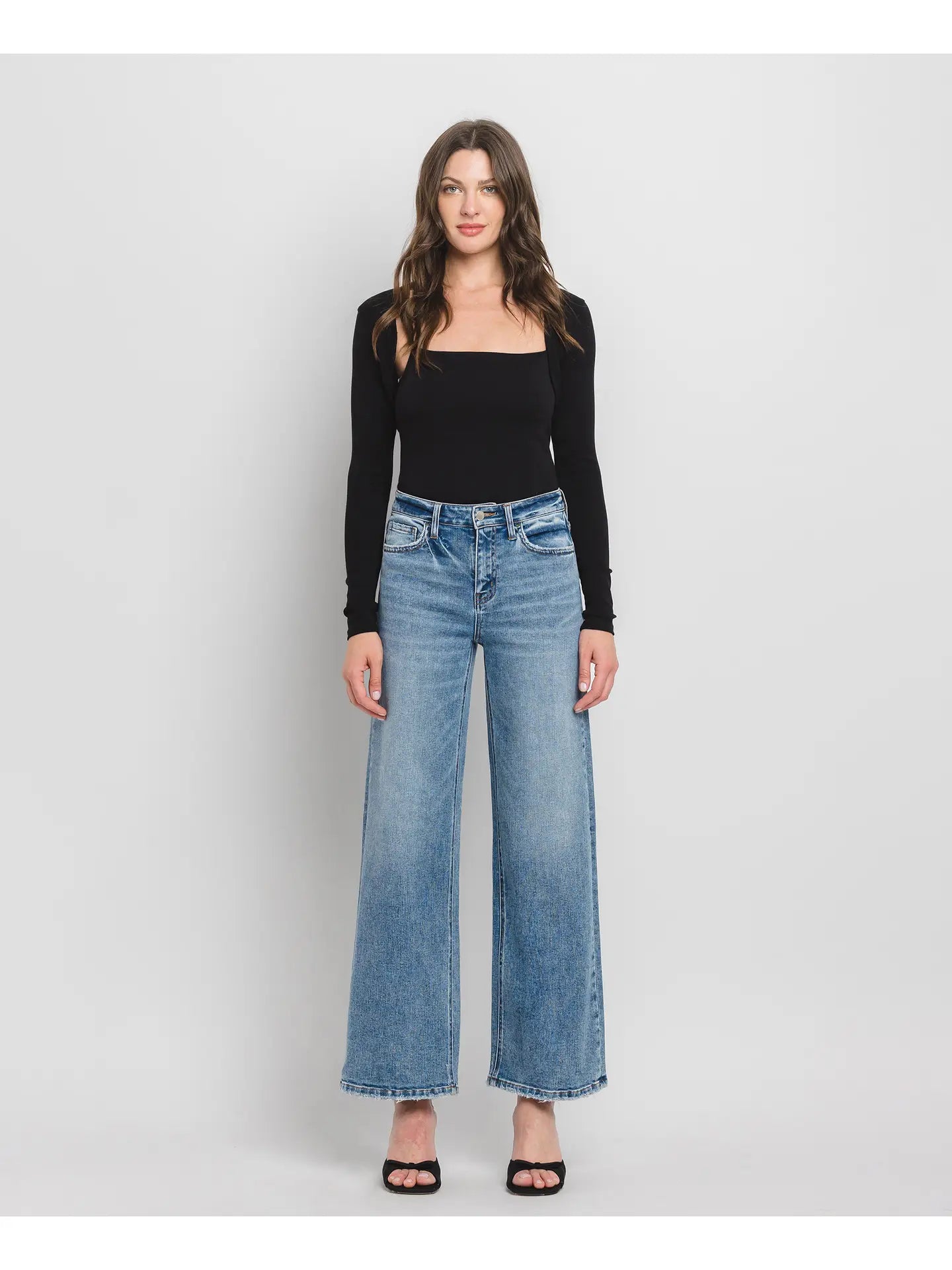 High Rise Medium Wash Full Length Wide Leg Jeans