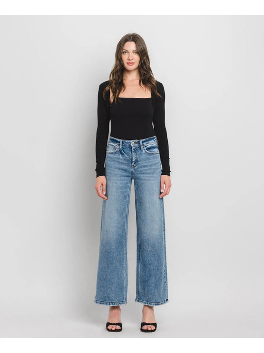 High Rise Medium Wash Full Length Wide Leg Jeans