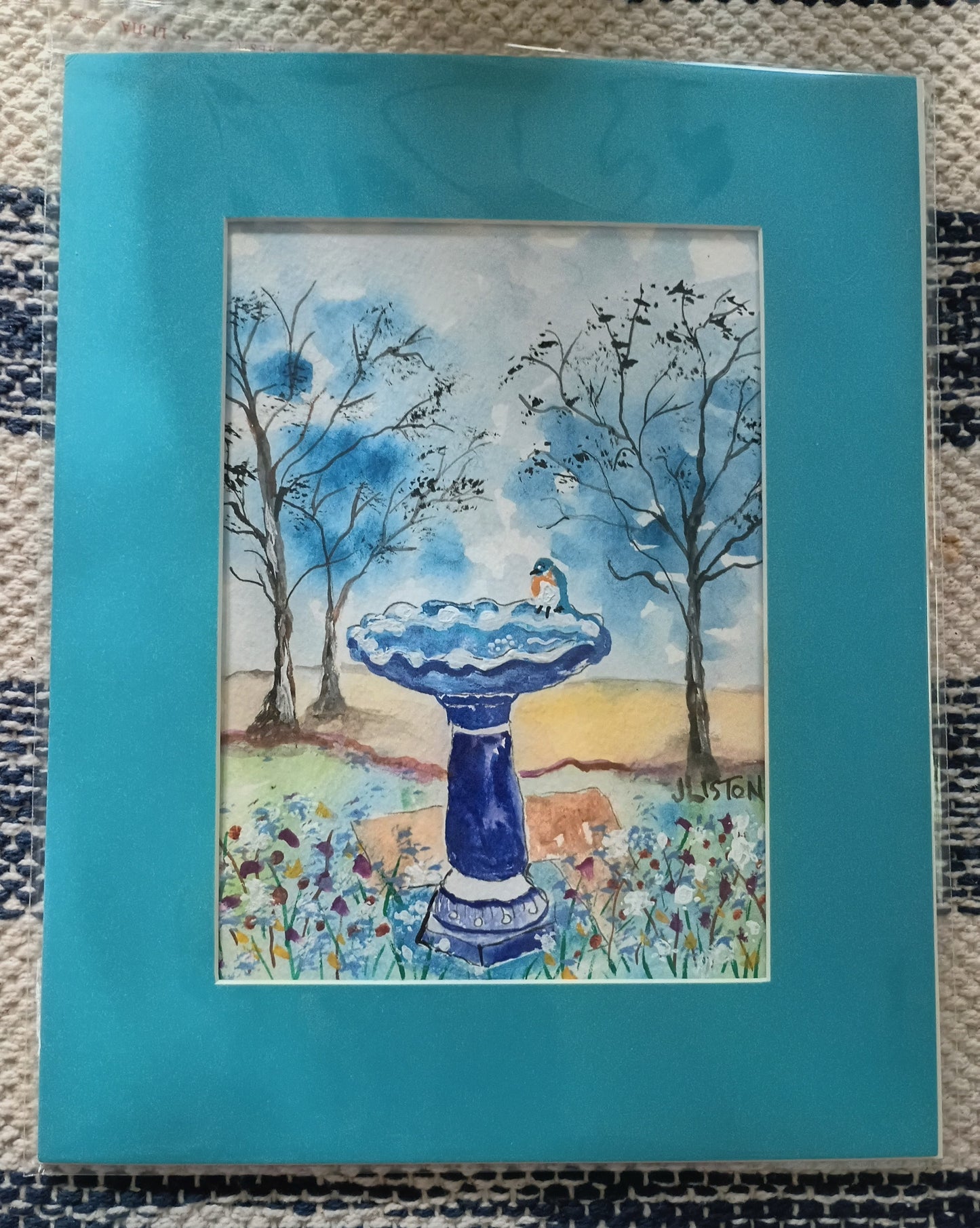 Bird in Blue Bird Bath - Matted Watercolor