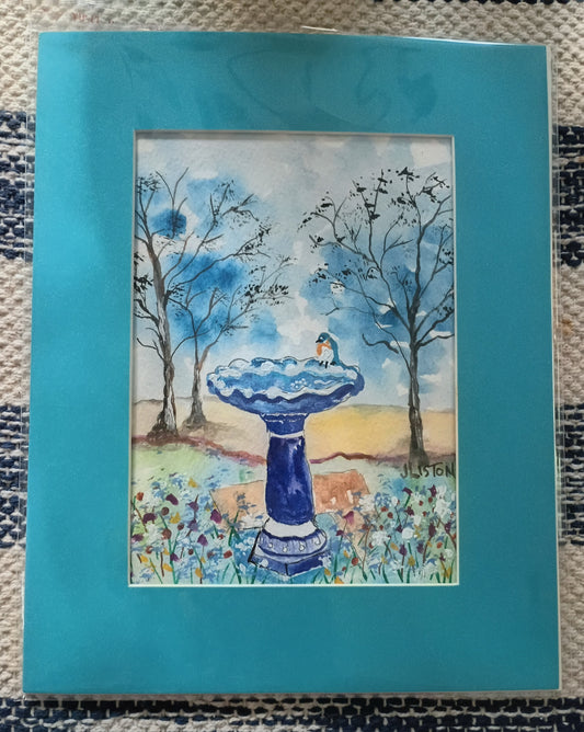 Bird in Blue Bird Bath - Matted Watercolor