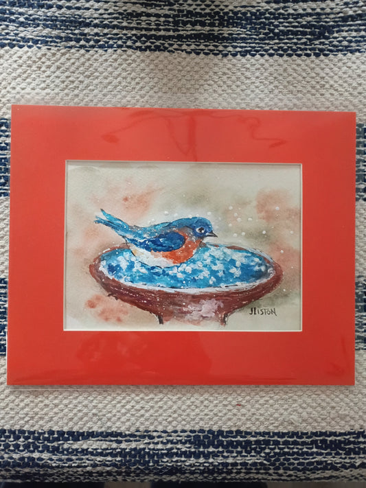 Bird in Bird Bath - Matted Watercolor