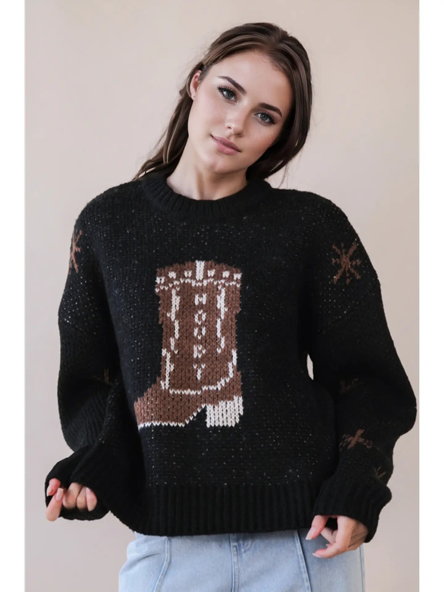 Cowboy Boots Graphic Print Knit Sweater