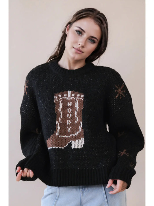 Cowboy Boots Graphic Print Knit Sweater