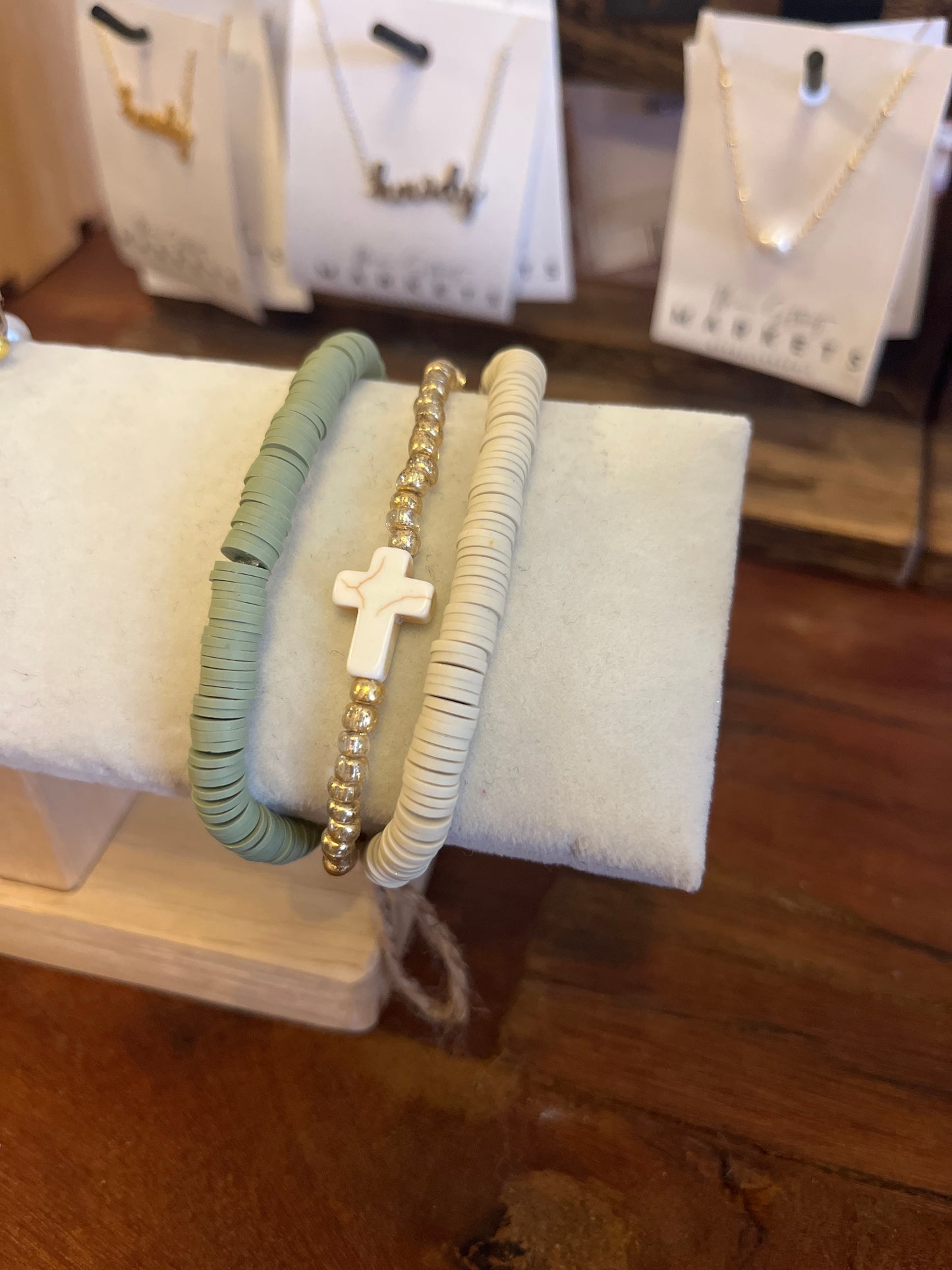 Gold, Green, Tan Cross Clay Beaded Bracelet Stack