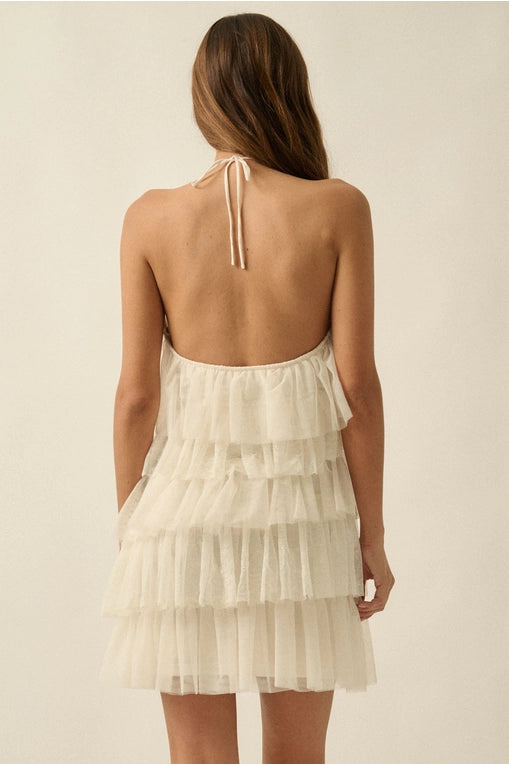 Floral Lace and Tulle Tiered Ruffle Halter Mini Dress