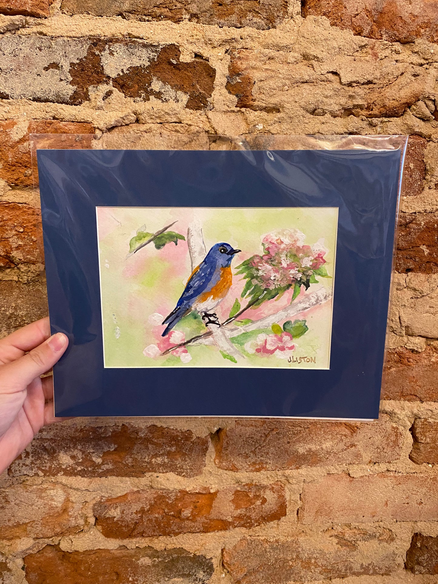 Blue Matted Bluebird Watercolor - Pink/Green Floral