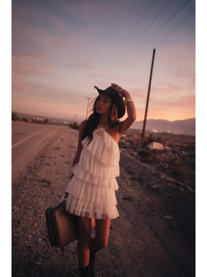 Floral Lace and Tulle Tiered Ruffle Halter Mini Dress