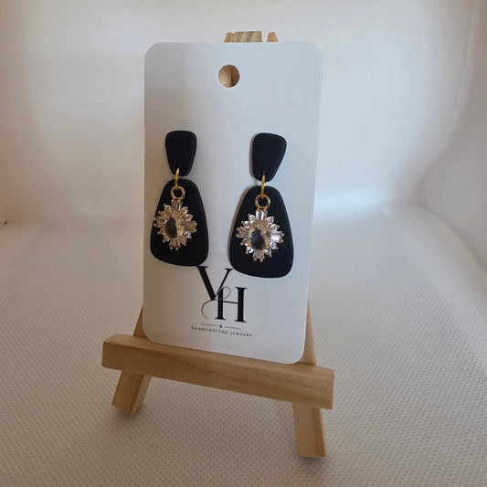 Black Earrings with Gold Shiny Pendant