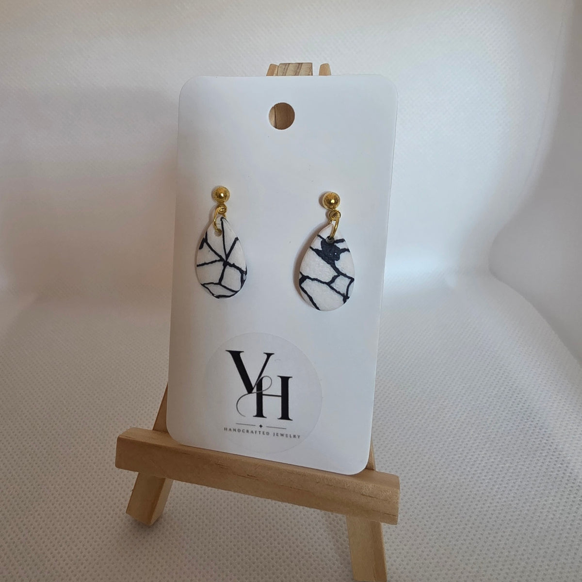 Teardrop Earrings- White with Black Lines