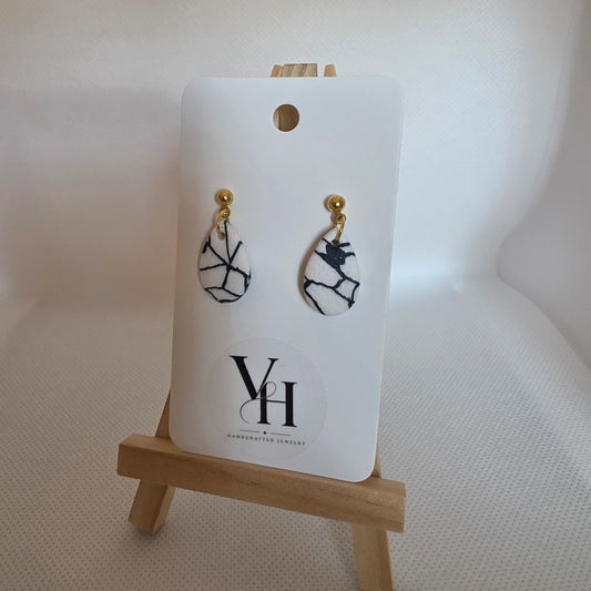 Teardrop Earrings- White with Black Lines