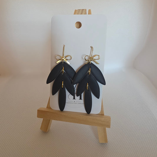 All Black Dangle with Gold Bow Earrings