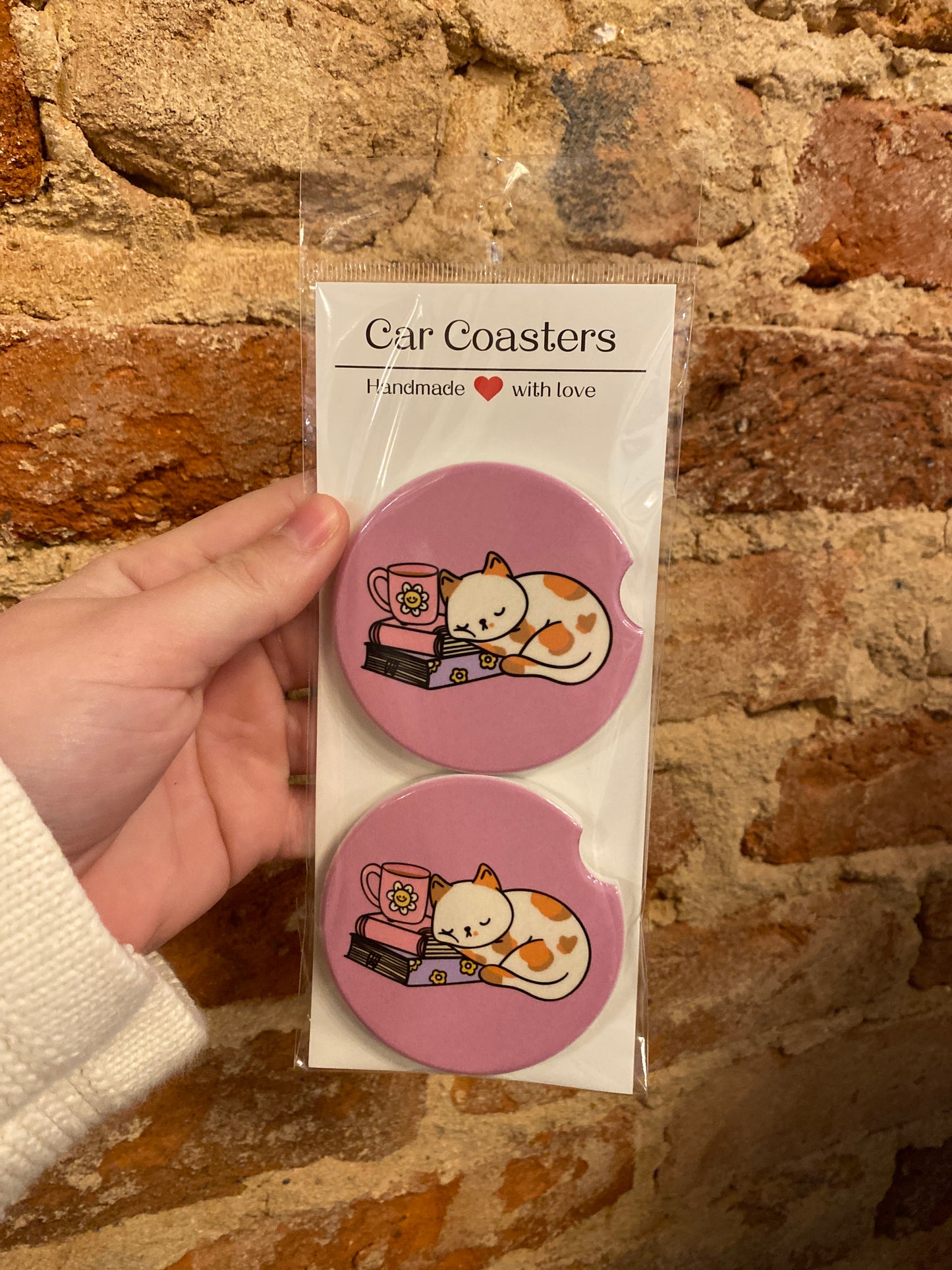 Cute Cat & Books Car Coasters – Pink Cozy Reading Set