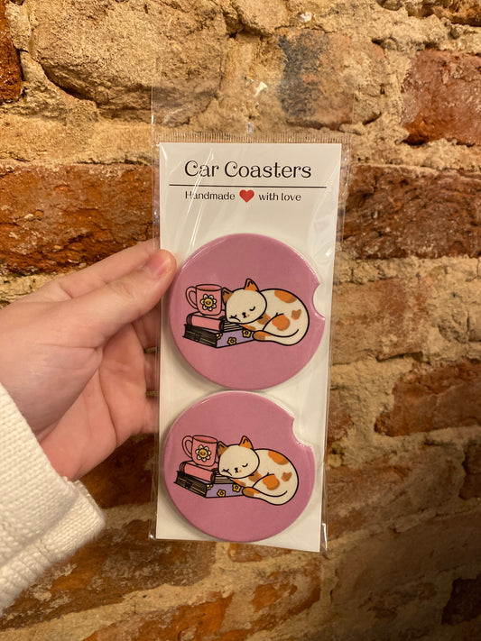 Cute Cat & Books Car Coasters – Pink Cozy Reading Set