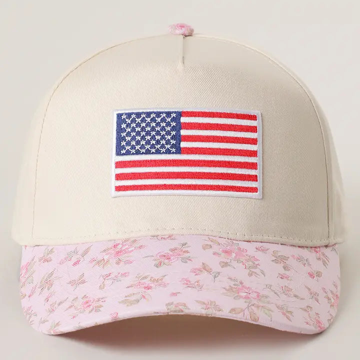American Flag Embroidered Patch Flower Pattern Hat