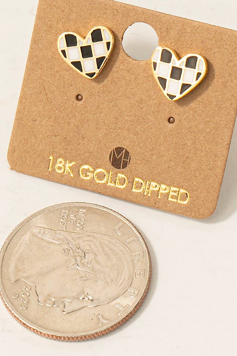 Gold Dipped Epoxy Checkered Heart Stud Earrings