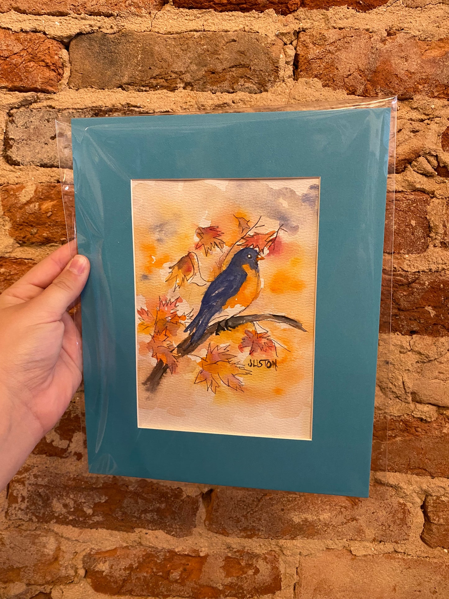 Turquoise Matted Bluebird Watercolor - Autumn Leaves