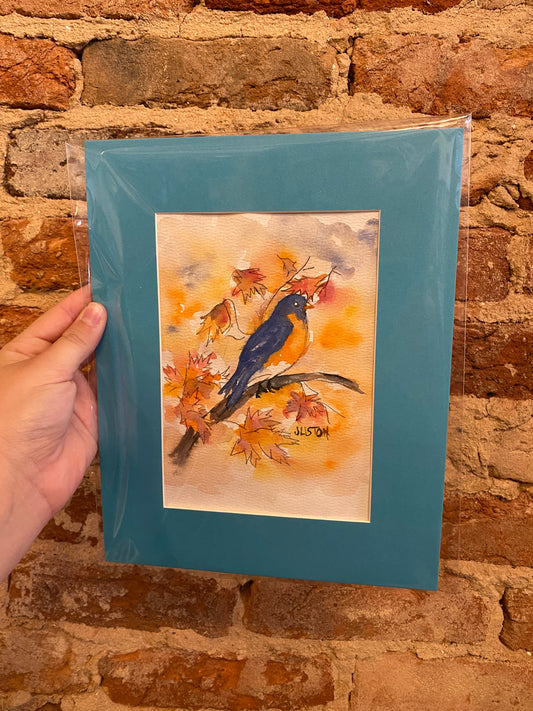 Turquoise Matted Bluebird Watercolor - Autumn Leaves
