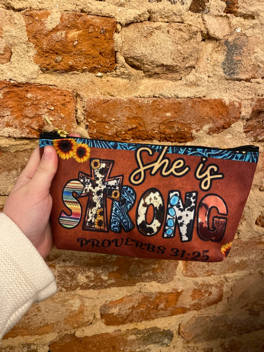 She is Strong Proverbs 31:25 Cosmetic Bag | Western Faith Inspired Sunflower Pouch