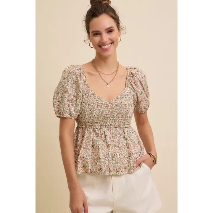 Floral Puff Sleeve Peplum Top