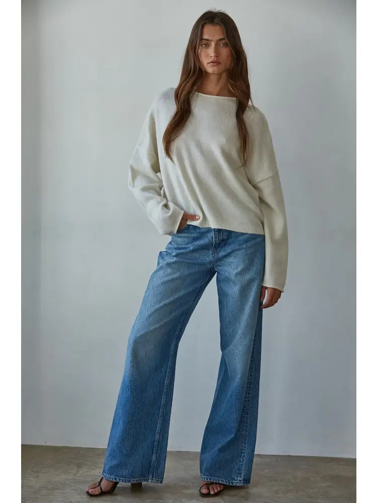 Knit Sweater Rolled Round Neck Pullover Top